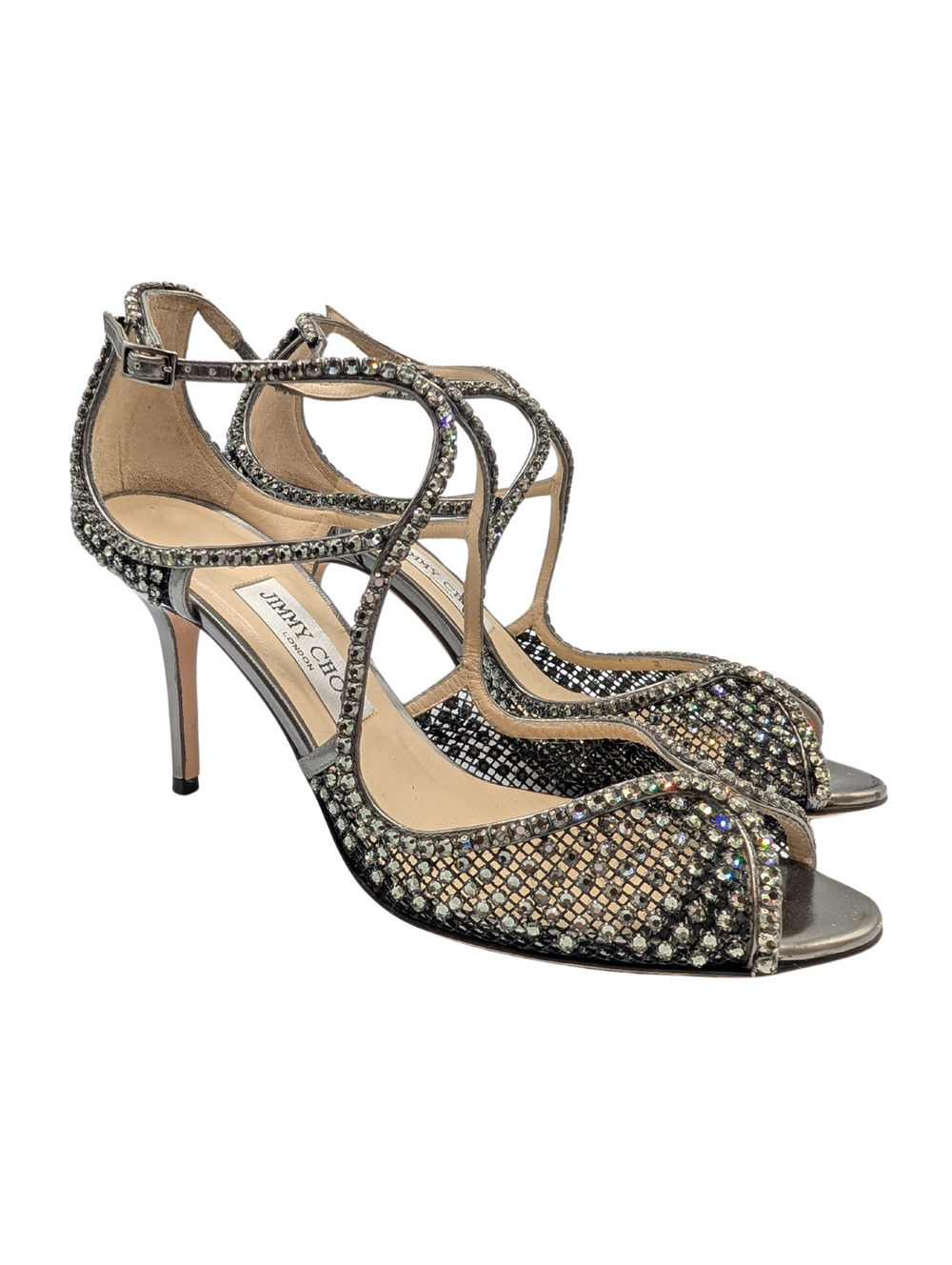 Jimmy Choo Metallic Pewter Gunmetal Swarovski Crystal Mesh Heels Size 39.5